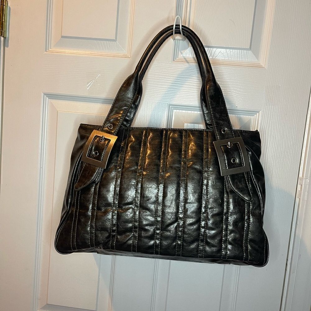 Shiralea metallic grayish bronze quilted faux leather large shoulder bag .